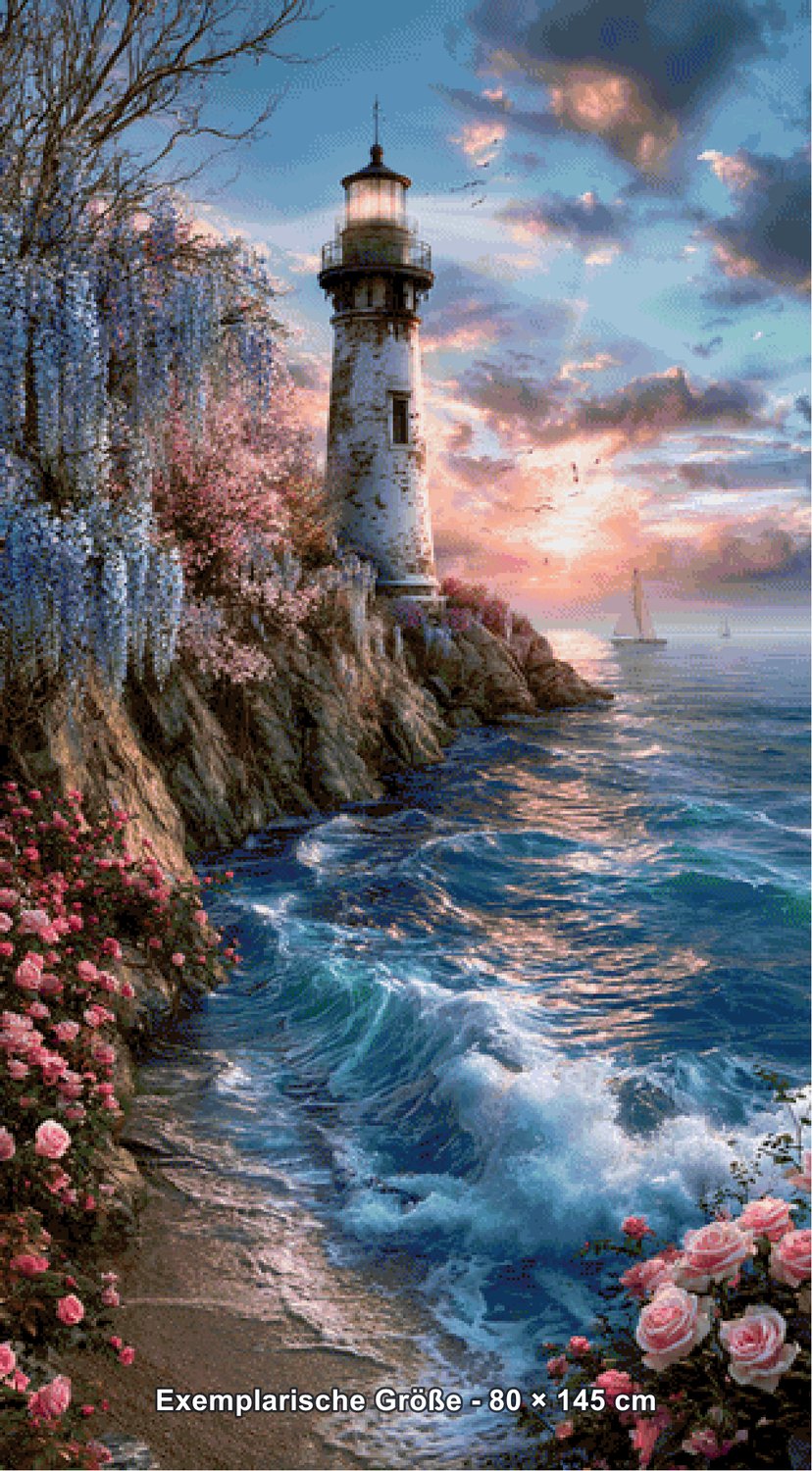 Diamond Painting - Elly_A.I - Leuchtturm im Blütenmeer [Digital] - Rendering einer exemplarischen Größe