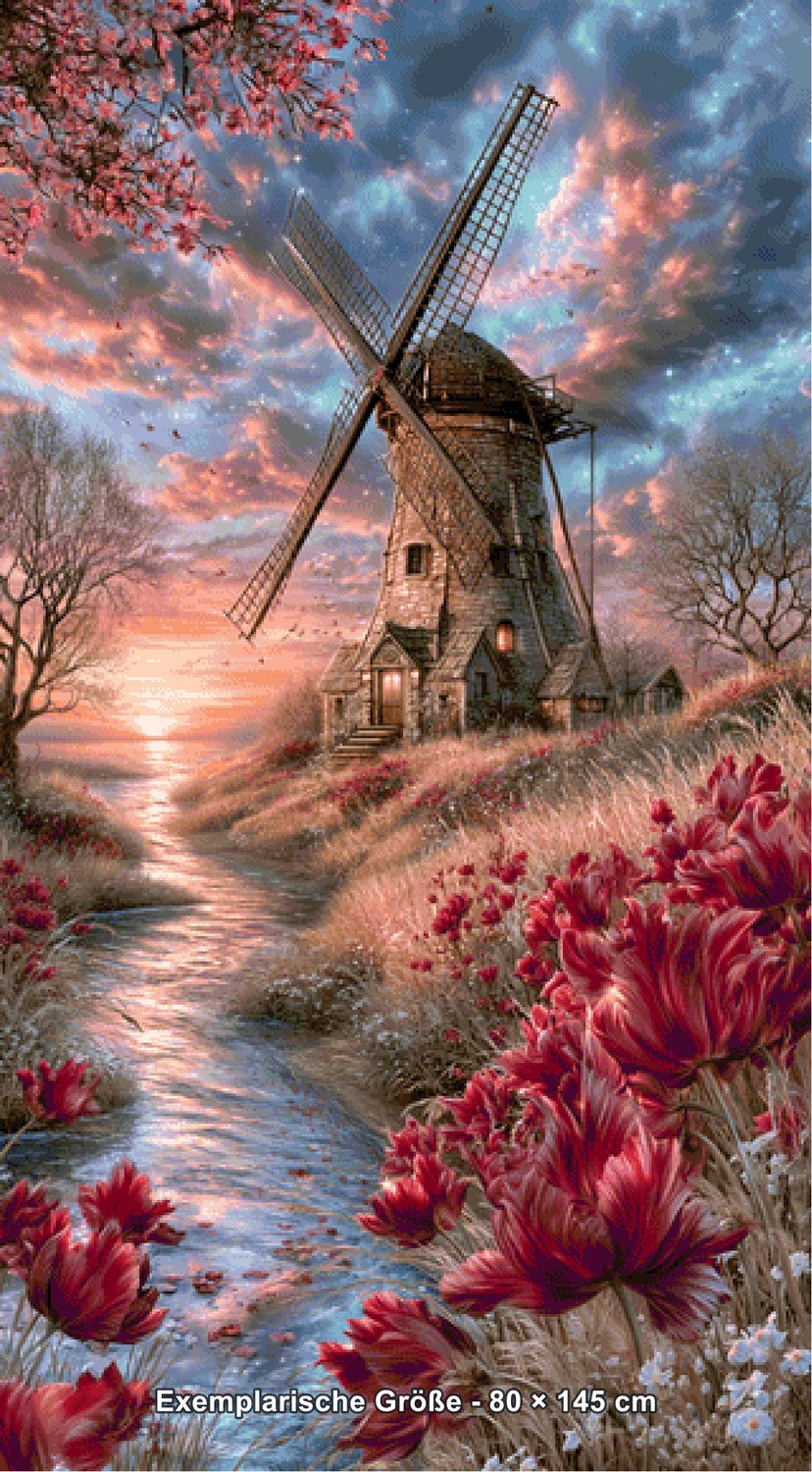 Diamond Painting - Elly_A.I - Märchenmühle im Tulpenmeer [Digital] - Rendering einer exemplarischen Größe