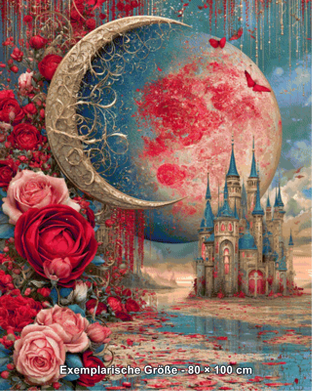 Diamond Painting - Elly_A.I - Märchenschloss im Rosenmondglanz [Digital] - Rendering einer exemplarischen Größe