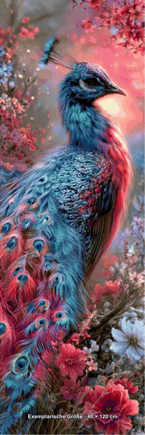Diamond Painting - Elly_A.I - Pfauenglanz im Blütenzauber [Digital] - Rendering einer exemplarischen Größe