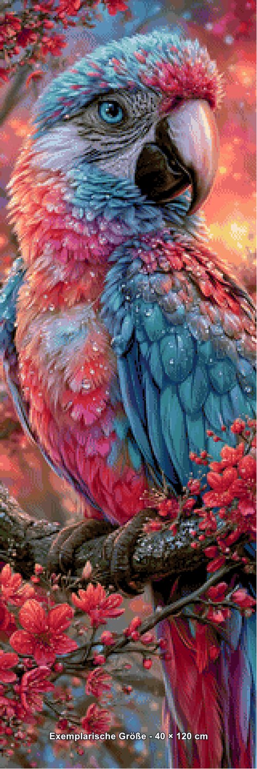 Diamond Painting - Elly_A.I - Regenbogenara im Blütenzauber [Digital] - Rendering einer exemplarischen Größe