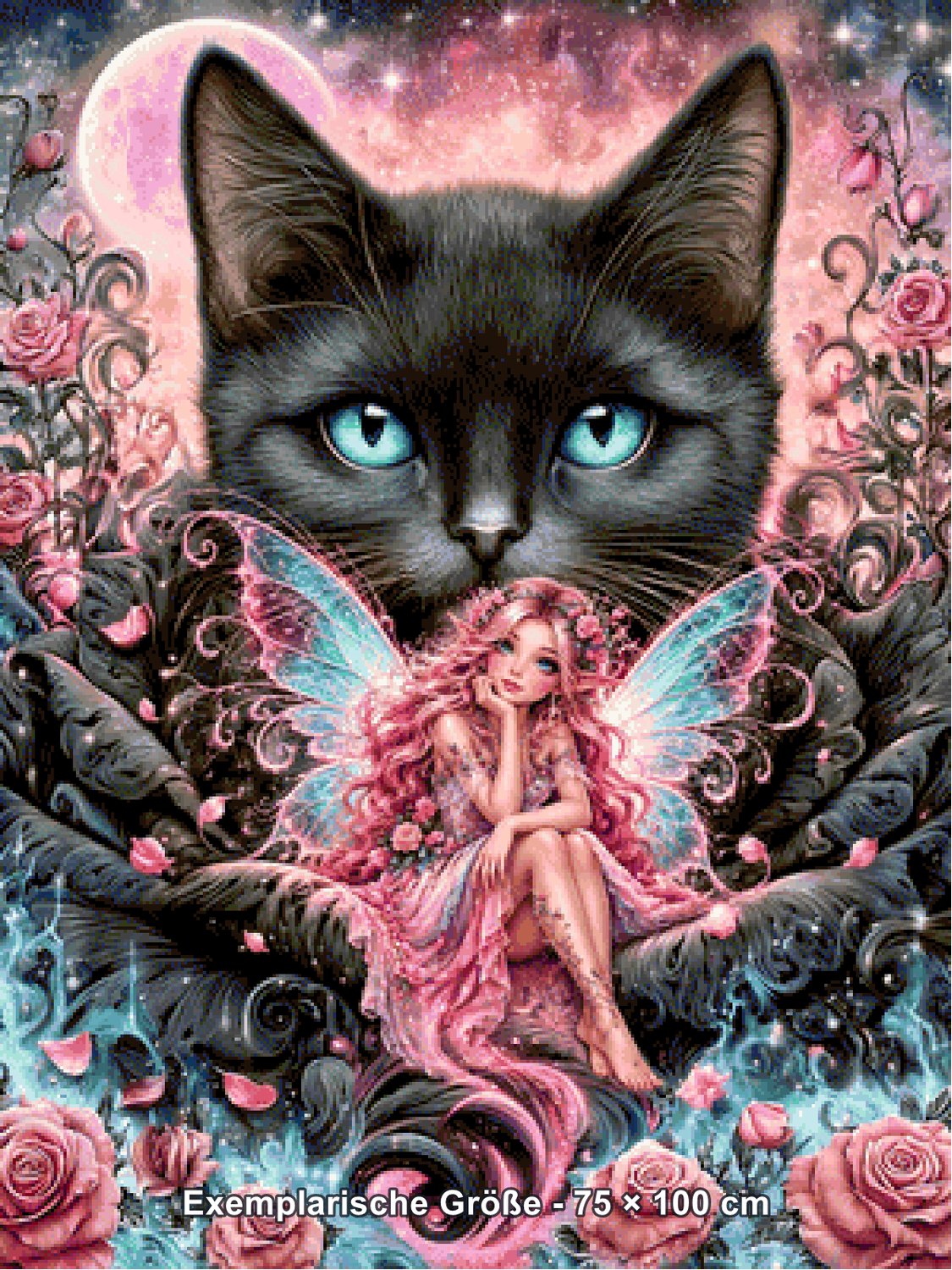 Diamond Painting - Elly_A.I - Rosenfee und Katzenzauber [Digital] - Rendering einer exemplarischen Größe