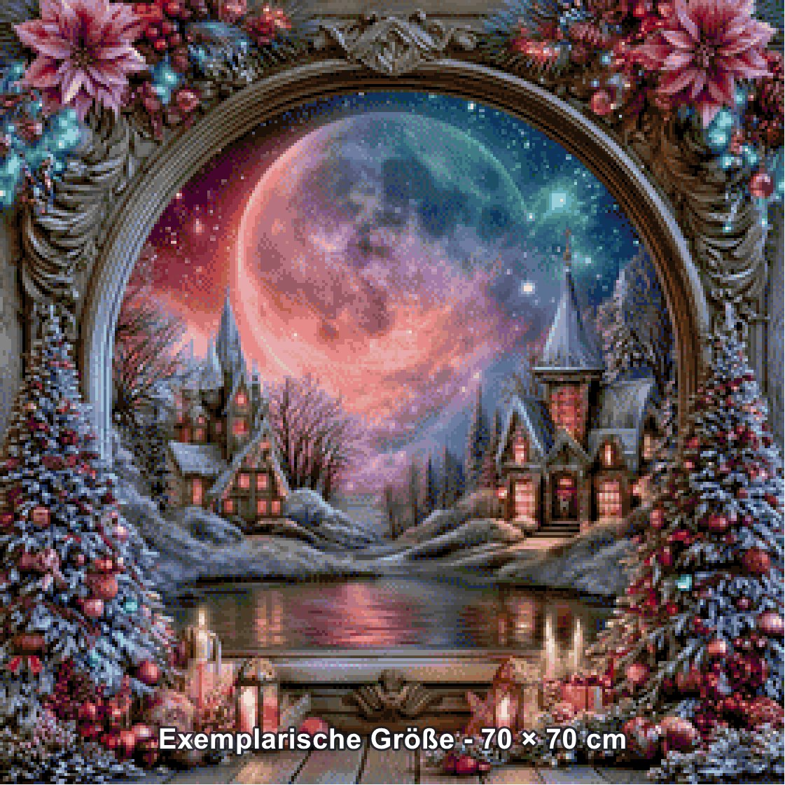 Diamond Painting - Elly_A.I - Rosenmond über dem Winterdorf [Digital] - Rendering einer exemplarischen Größe