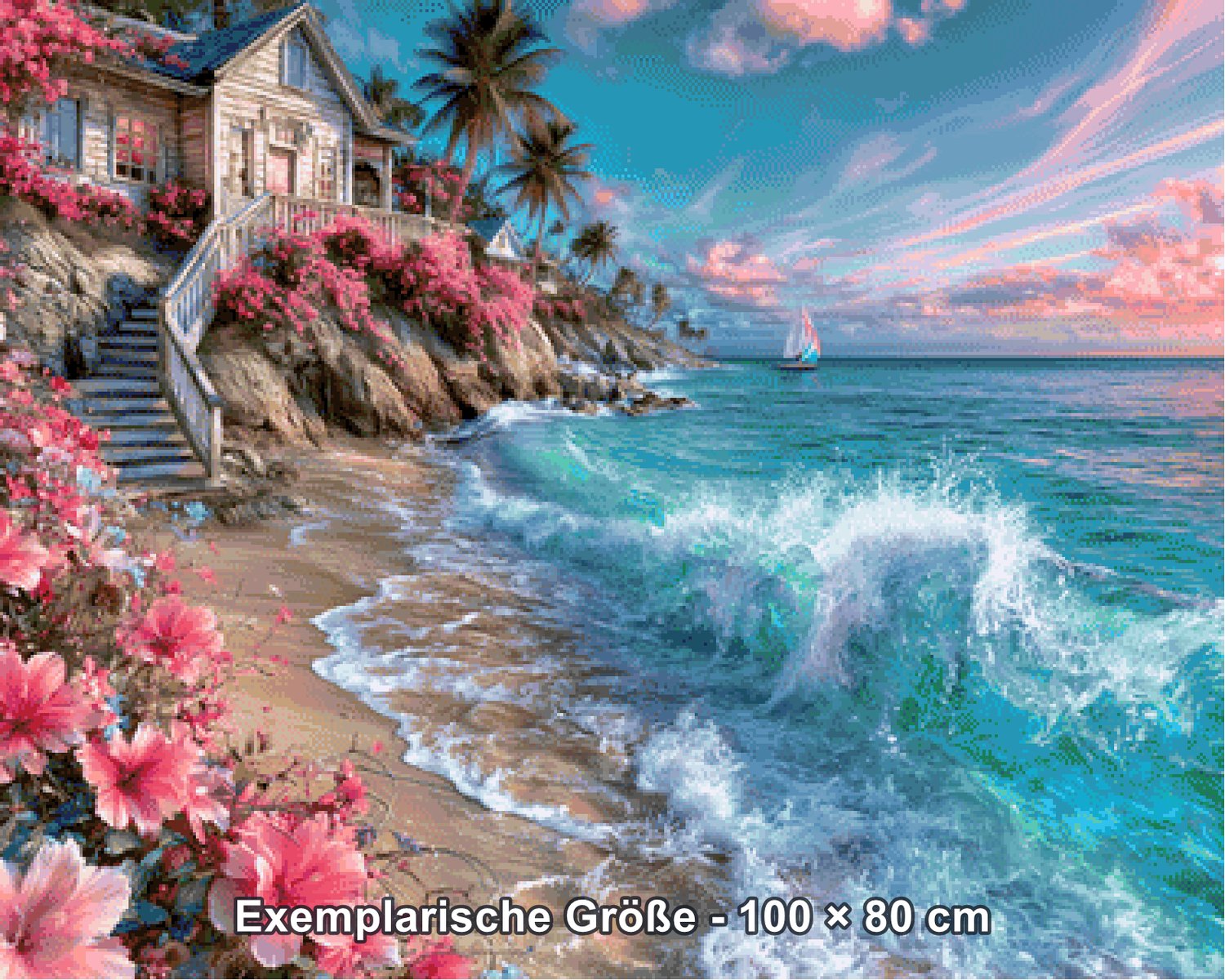 Diamond Painting - Elly_A.I - Wellenkuss am Blütenstrand [Digital] - Rendering einer exemplarischen Größe