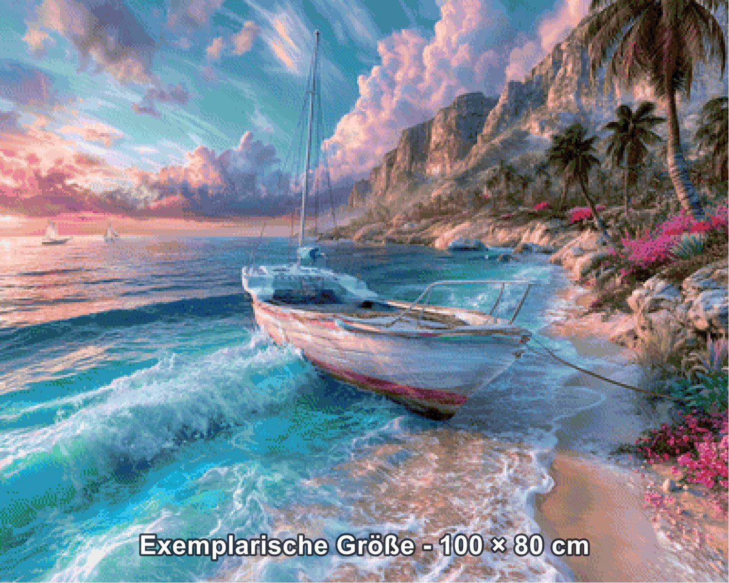 Diamond Painting - Elly_A.I - Wellenkuss am Palmenstrand [Digital] - Rendering einer exemplarischen Größe