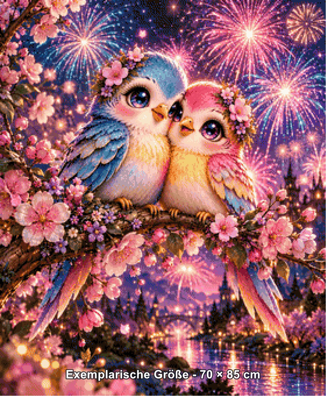 Diamond Painting - Tinkerangie - Liebesvögel im Blütenfeuerwerk [Digital] - Rendering einer exemplarischen Größe