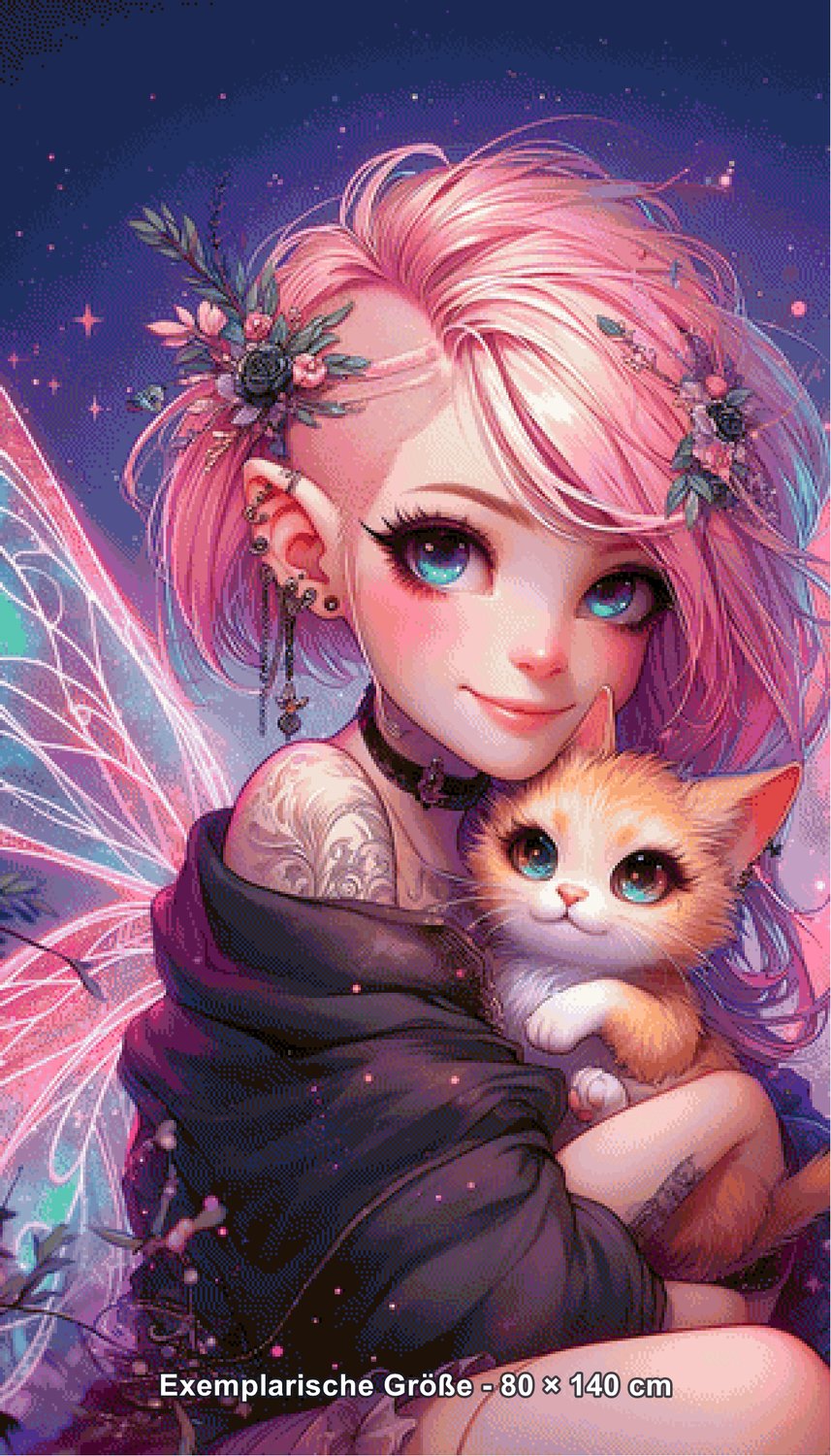 Diamond Painting - Tinkerangie - Neonfee mit Kuschelkätzchen [Digital] - Rendering einer exemplarischen Größe