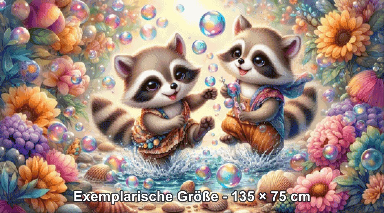 Diamond Painting - Tinkerangie - Waschbären im Seifenblasenzauber [Digital] - Rendering einer exemplarischen Größe